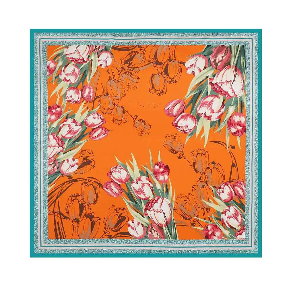 Elegant oversized floral imitation silk scarf 90cm x 90cm with vibrant orange background and pink tulip pattern by Trend Den