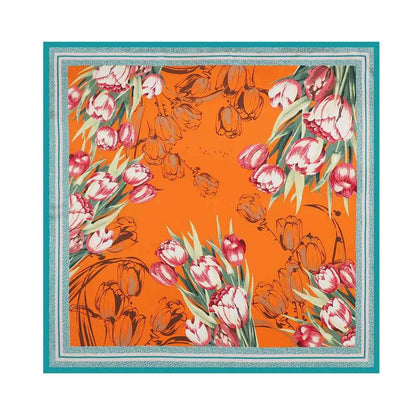 Elegant oversized floral imitation silk scarf 90cm x 90cm with vibrant orange background and pink tulip pattern by Trend Den