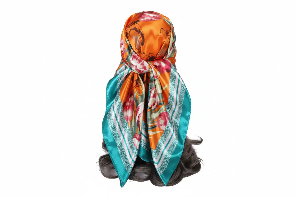 Elegant oversized floral 90cm x 90cm imitation silk scarf in vibrant orange and teal wrapped around a head