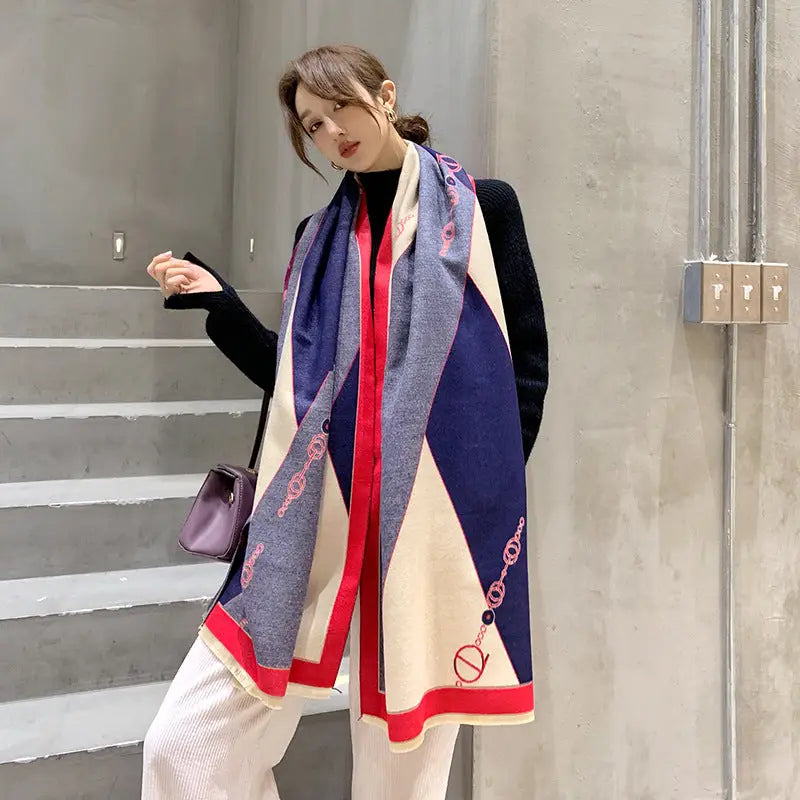 Double-Sided Thickened Cashmere-Feel Scarf - Navy Red / 60x190cm - imitation cashmere, south africa, thickened women’s Navy Red