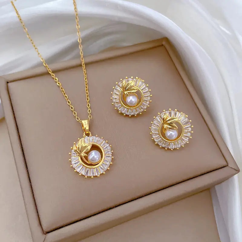 Sunburst Pearl & Leaf Jewellery Suite | Round Crystal Necklace Earrings Set - earrings set, sunburst pearl, round Set