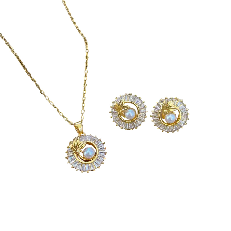 Sunburst Pearl & Leaf Jewellery Suite | Round Crystal Necklace Earrings Set - earrings set, sunburst pearl, round Set
