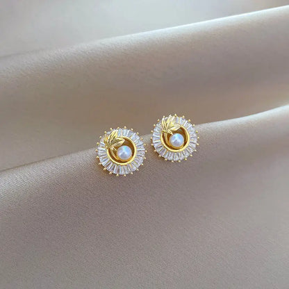 Sunburst Pearl & Leaf Jewellery Suite | Round Crystal Necklace Earrings Set - earrings set, sunburst pearl, round Set