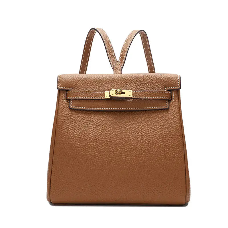 Top-Layer Cowhide Convertible Backpack | Locked Leather Handbag - Brown - convertible backpack, leather handbag, Brown