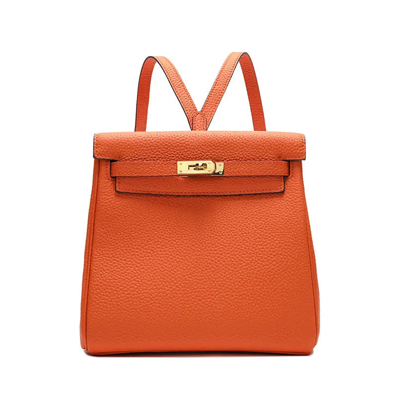 Top-Layer Cowhide Convertible Backpack | Locked Leather Handbag - Orange - convertible backpack, leather handbag, Orange