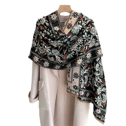 Black and white floral cashmere-feel oversized warm shawl with intricate border detailing from trend den