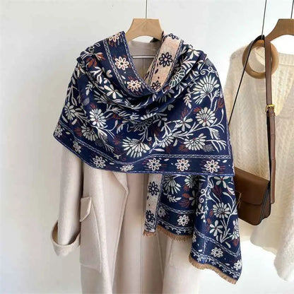 Navy blue floral cashmere-feel oversized warm shawl with white beige blossoms and fringed edge from trend den