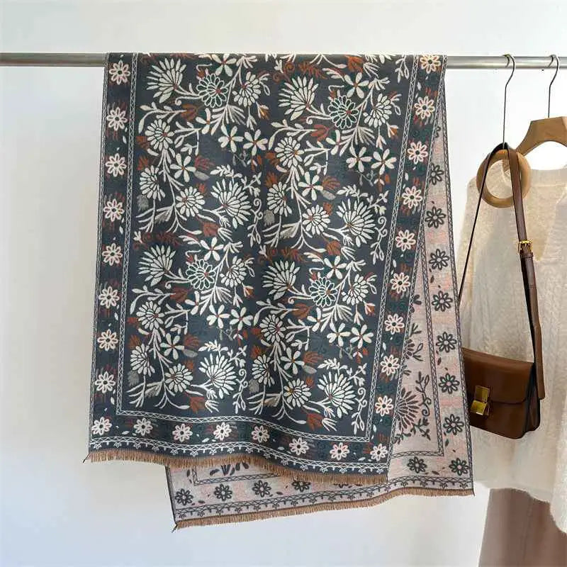 Dark gray floral cashmere-feel warm shawl with white rust embroidery pink border and fringed edges from trend den WT91 1