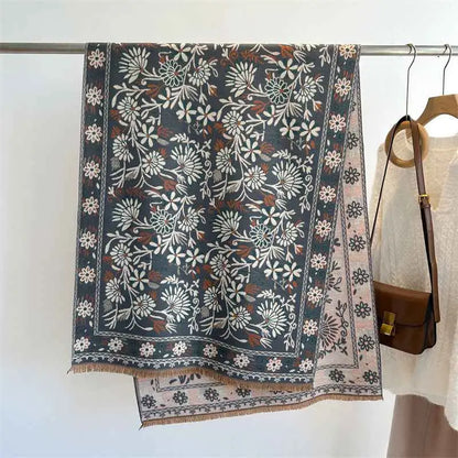 Dark gray floral cashmere-feel warm shawl with white rust embroidery pink border and fringed edges from trend den WT91 1
