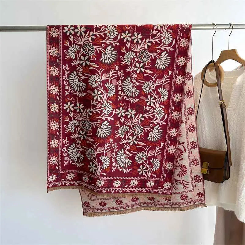A rich burgundy floral cashmere-feel oversized warm shawl with intricate white and cream embroidery and delicate fringe edges WT91 4