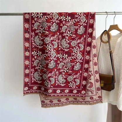A rich burgundy floral cashmere-feel oversized warm shawl with intricate white and cream embroidery and delicate fringe edges WT91 4