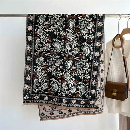 Black floral cashmere-feel warm shawl with intricate white and brown embroidery, decorative border, and fringed edges WT91 5
