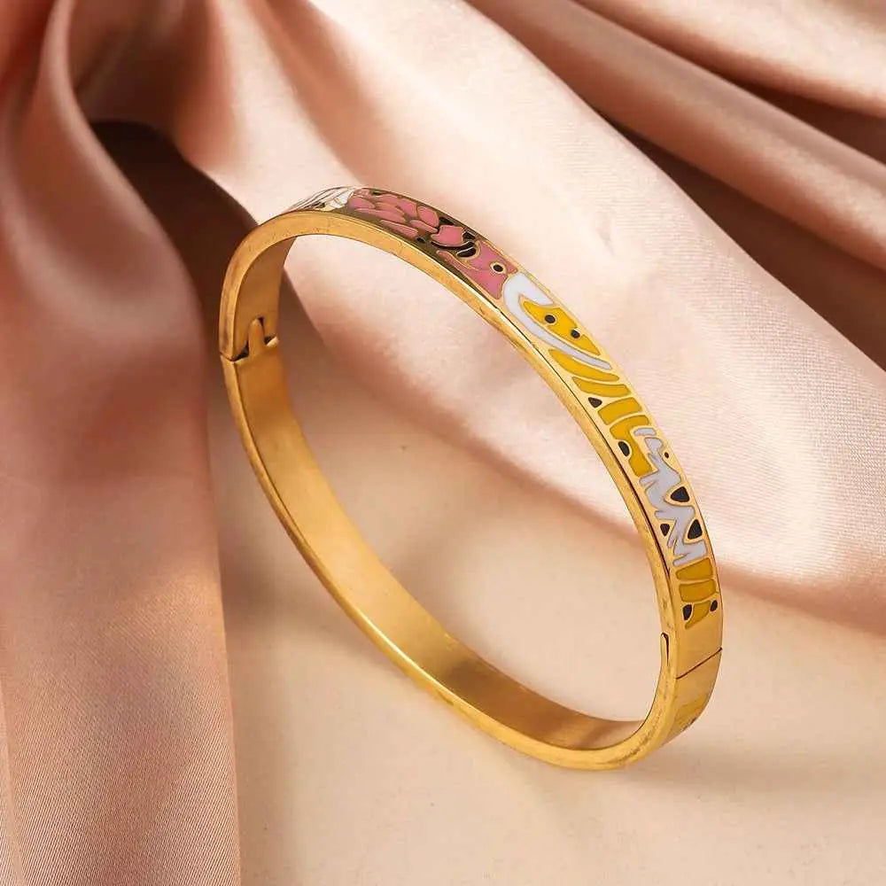 Gold bangle bracelet featuring colorful floral enamel pattern made of durable titanium steel Black White Yellow