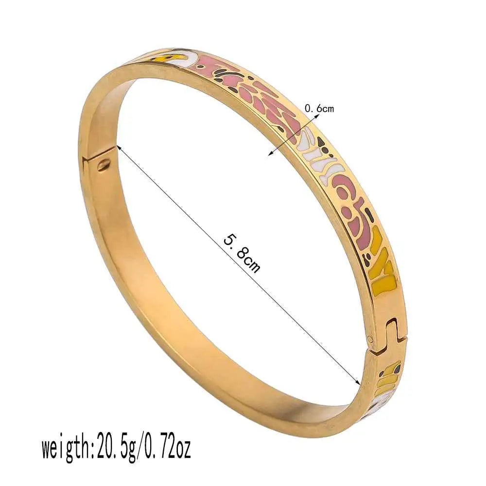 Gold bangle with colorful floral enamel patterns on inner edge made of durable titanium steel
