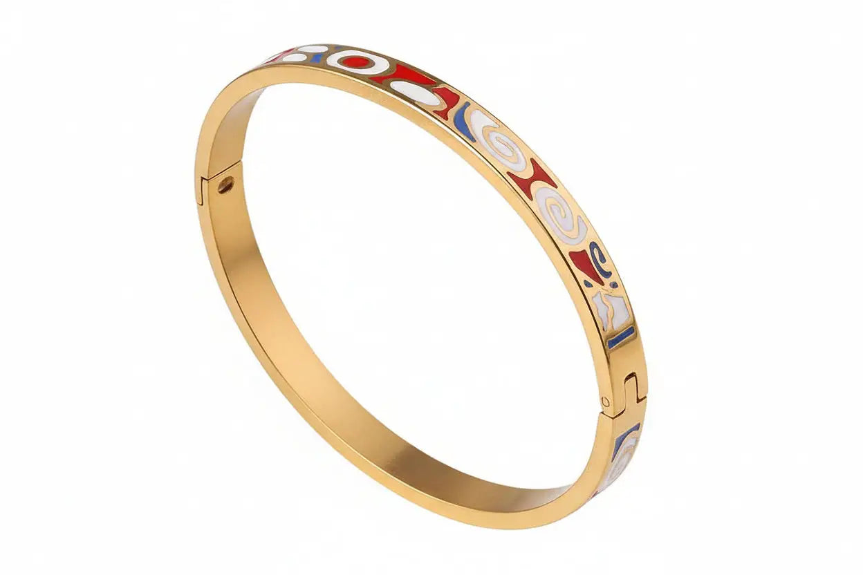 Floral enamel gold bangle in gold-tone titanium steel with vibrant red white blue and yellow geometric swirls pattern Red And White