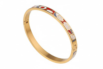 Floral enamel gold bangle in gold-tone titanium steel with vibrant red white blue and yellow geometric swirls pattern Red And White