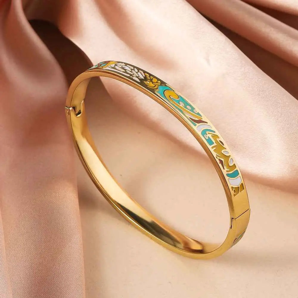 Floral enamel gold titanium steel bangle in gold with intricate turquoise white and gold enamel designs Yellow Green Coffee