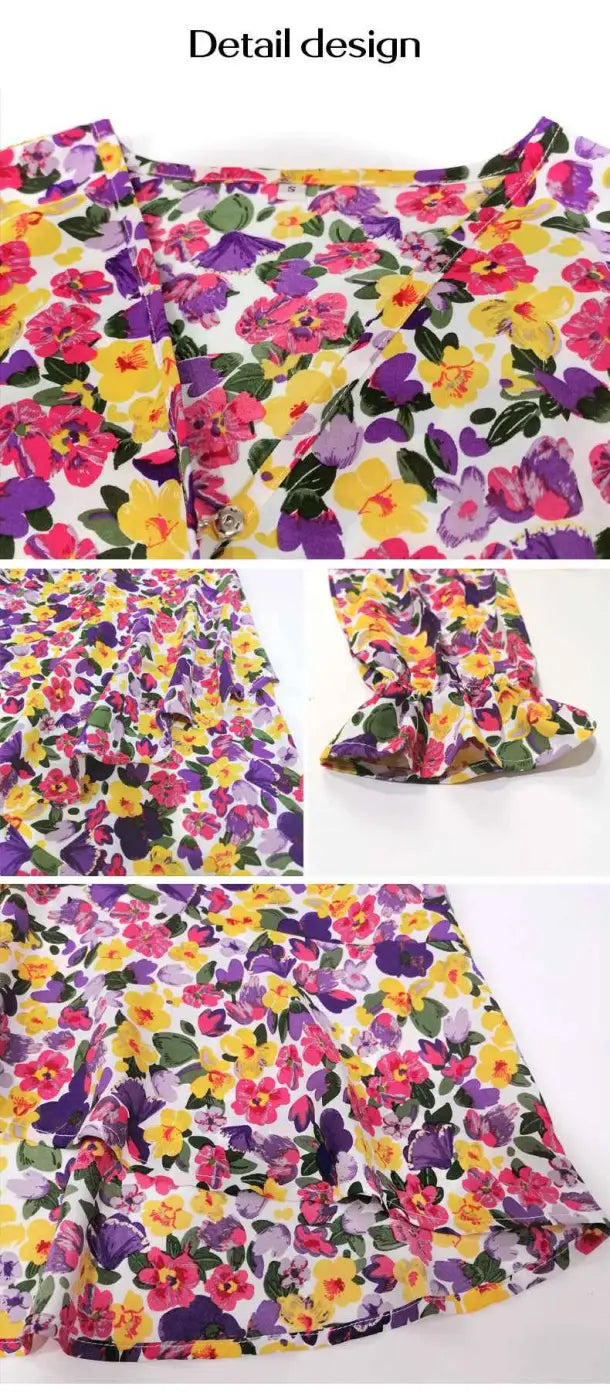 Floral ruffled long sleeve dress with vibrant yellow purple and pink flowers on white base accented by green leaves