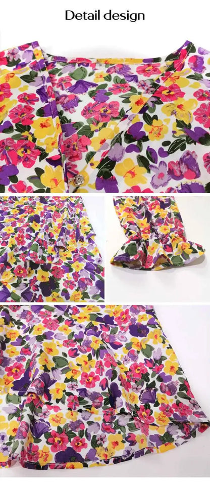Floral ruffled long sleeve dress with vibrant yellow purple and pink flowers on white base accented by green leaves