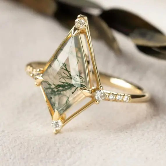 Vintage Water Plant Agate Ring | S925 Silver 14K Gold-Plated Luxury Jewellery - water plant agate, plant, s925 silver,