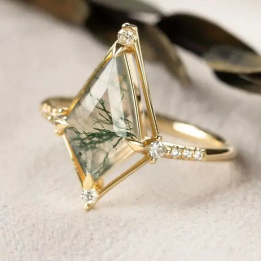 Vintage Water Plant Agate Ring | S925 Silver 14K Gold-Plated Luxury Jewellery - water plant agate, plant, s925 silver,