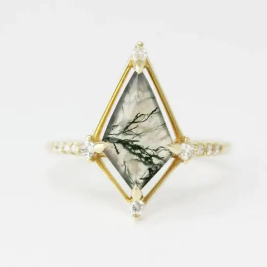 Vintage Water Plant Agate Ring | S925 Silver 14K Gold-Plated Luxury Jewellery - water plant agate, plant, s925 silver,