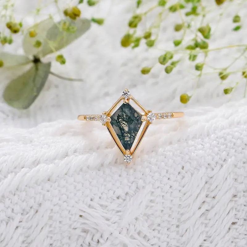 Vintage Water Plant Agate Ring | S925 Silver 14K Gold-Plated Luxury Jewellery - Plants / No 5 - water plant agate, Water Plants Agate