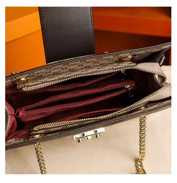 Genuine Leather Monogram Handbag | Brown Gold-Chain Tote - genuine leather, leather monogram, monogram handbag, handbag Brown