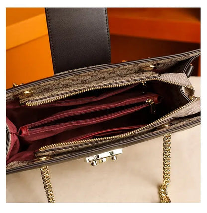 Genuine Leather Monogram Handbag | Brown Gold-Chain Tote - genuine leather, leather monogram, monogram handbag, handbag Brown