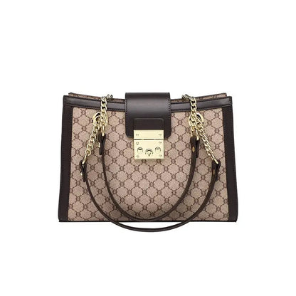 Genuine Leather Monogram Handbag | Brown Gold-Chain Tote - genuine leather, leather monogram, monogram handbag, handbag Brown