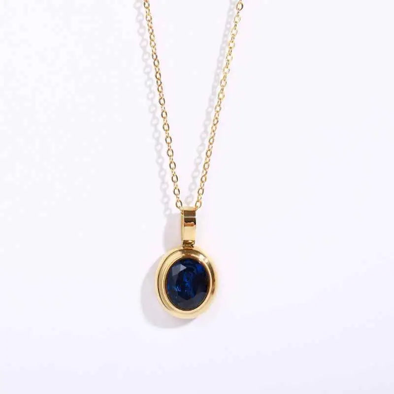 Geometric multi-colour gemstone necklace with gold-toned 18k gold chain and deep blue round gemstone bezel set Dark Blue