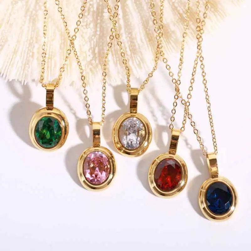 Five gold-toned oval pendant gemstone necklaces in 18k gold bezel setting with multi-colour stones for trend den collection