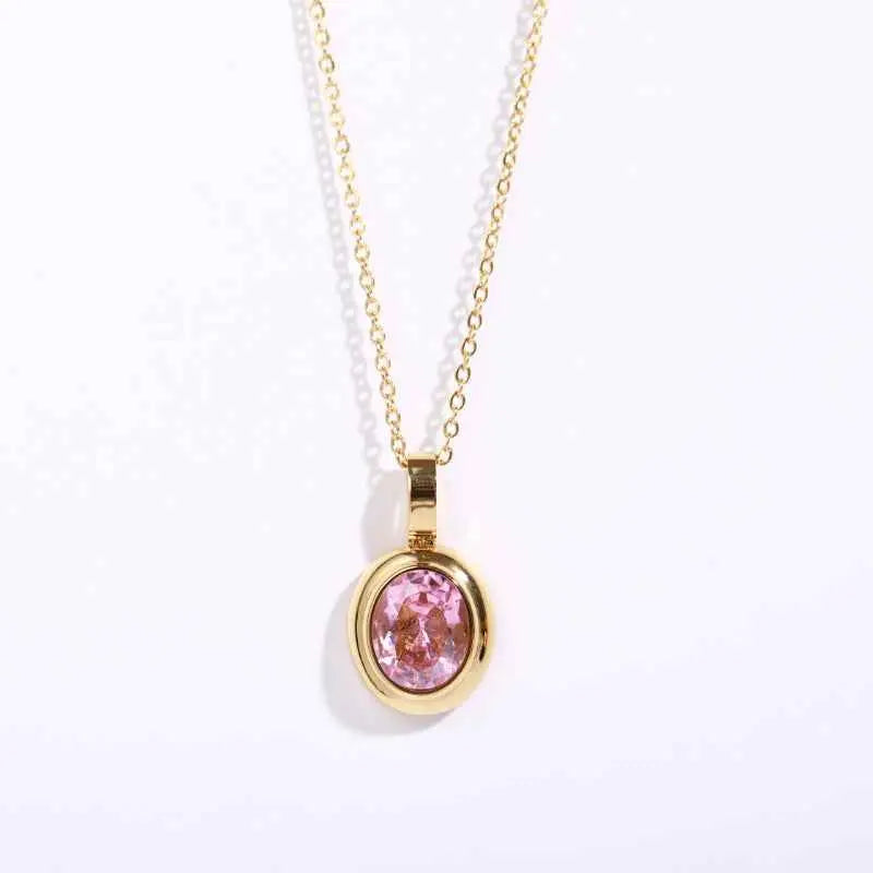 Delicate 18k gold gemstone necklace with a single oval-shaped pink pendant from trend den geometric collection Pink