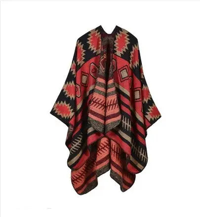 Geometric Puzzle Cashmere Cloak | Large Soft Tassel Shawl Wrap - Red - geometric puzzle, trend den, puzzle cashmere, Red
