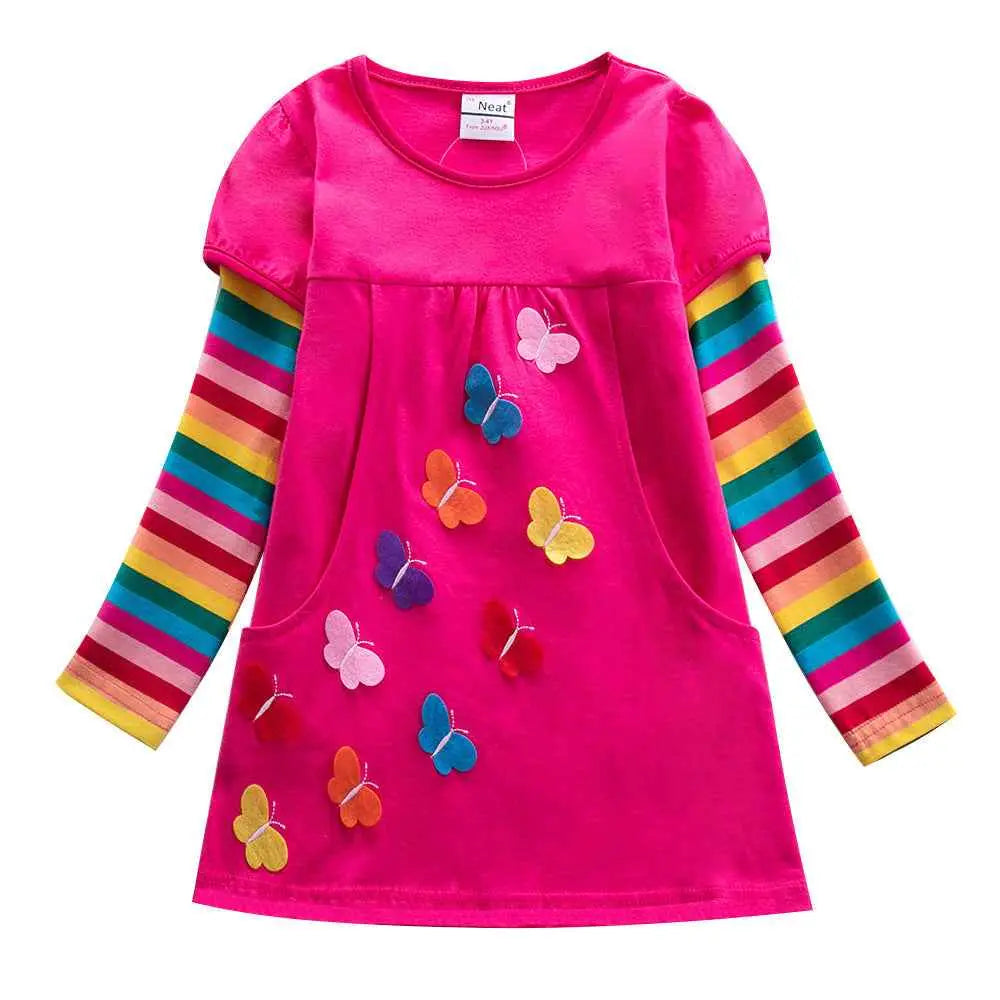 Bright pink girls butterfly embroidered long-sleeve dress with colorful butterfly appliqués and rainbow striped sleeves