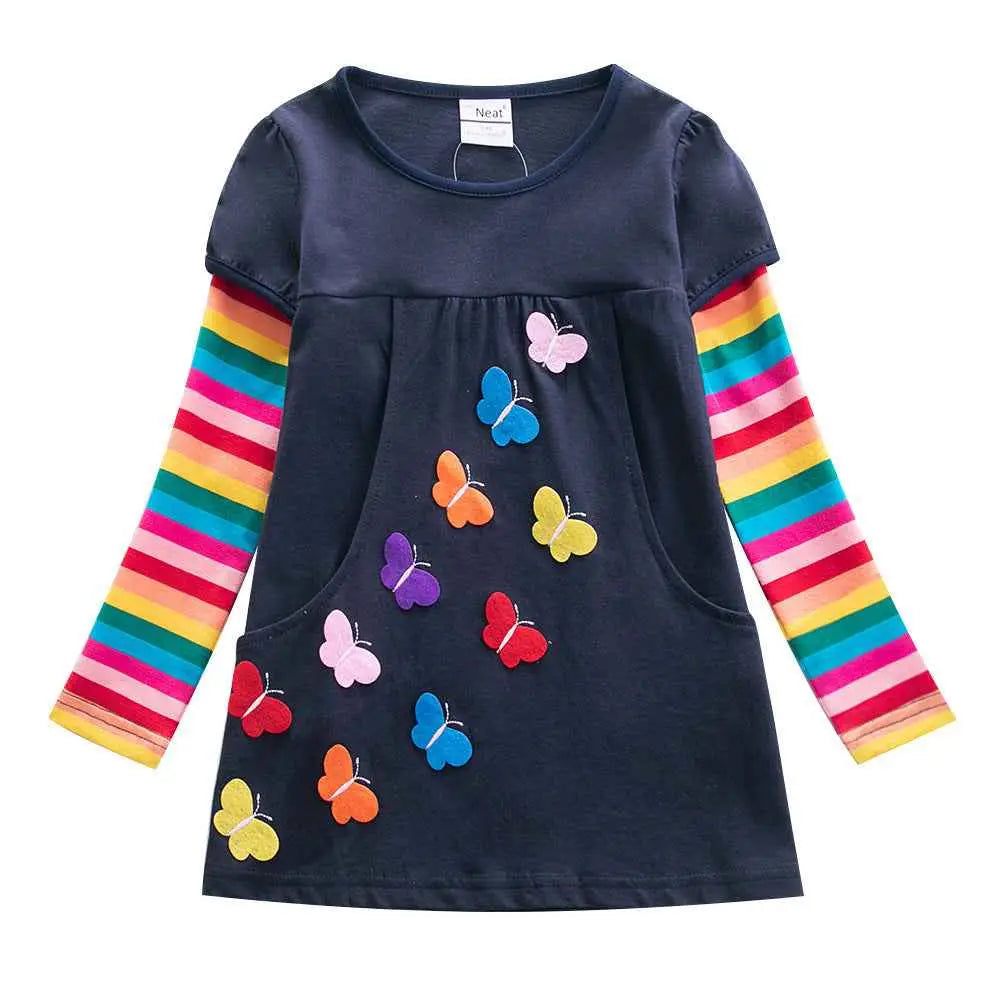 Navy blue girls butterfly embroidered long sleeve dress with rainbow striped sleeves and colorful butterfly appliqués