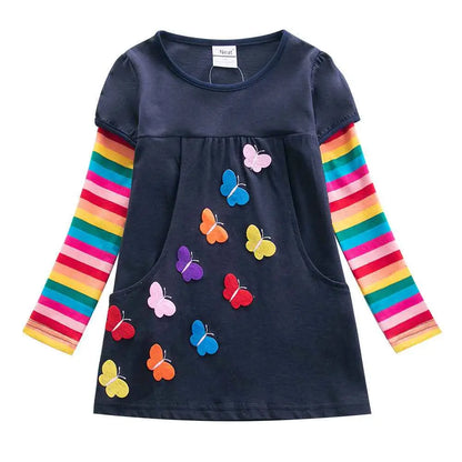 Navy blue girls butterfly embroidered long sleeve dress with rainbow striped sleeves and colorful butterfly appliqués
