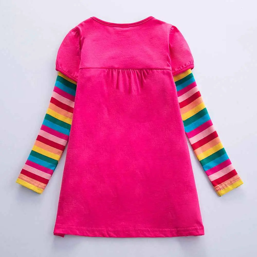 Girls butterfly embroidered long-sleeve dress in vibrant pink with rainbow-striped sleeves for trend den style