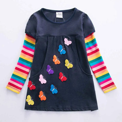 Girls butterfly embroidered navy blue long sleeve dress with rainbow striped sleeves and colorful butterfly appliqués Navy Blue