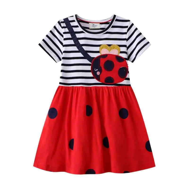 Girls casual short-sleeve print dress featuring a red and black polka-dotted ladybug-themed skirt with a striped top