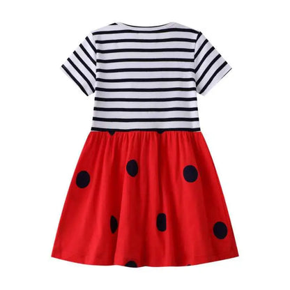 Girls casual short-sleeve print dress with a red ladybug theme, black-and-white striped top, and navy polka dot skirt