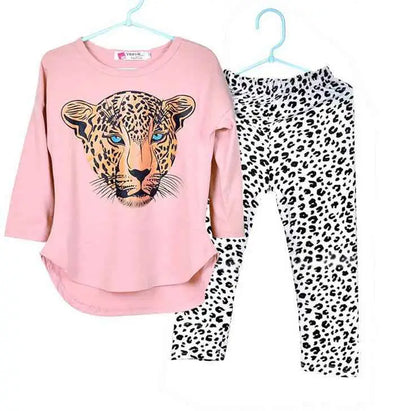 Girls leopard print t-shirt and leggings set with pink top featuring detailed leopard face and black and white leopard print leggings Pink