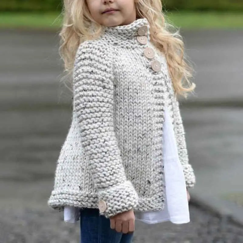 Girls rabbit hair blend chunky knit cardigan in off-white with subtle speckles and large round buttons down the front