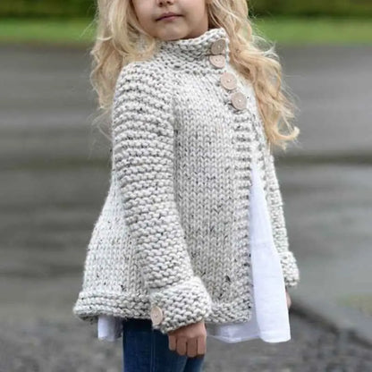 Girls rabbit hair blend chunky knit cardigan in off-white with subtle speckles and large round buttons down the front