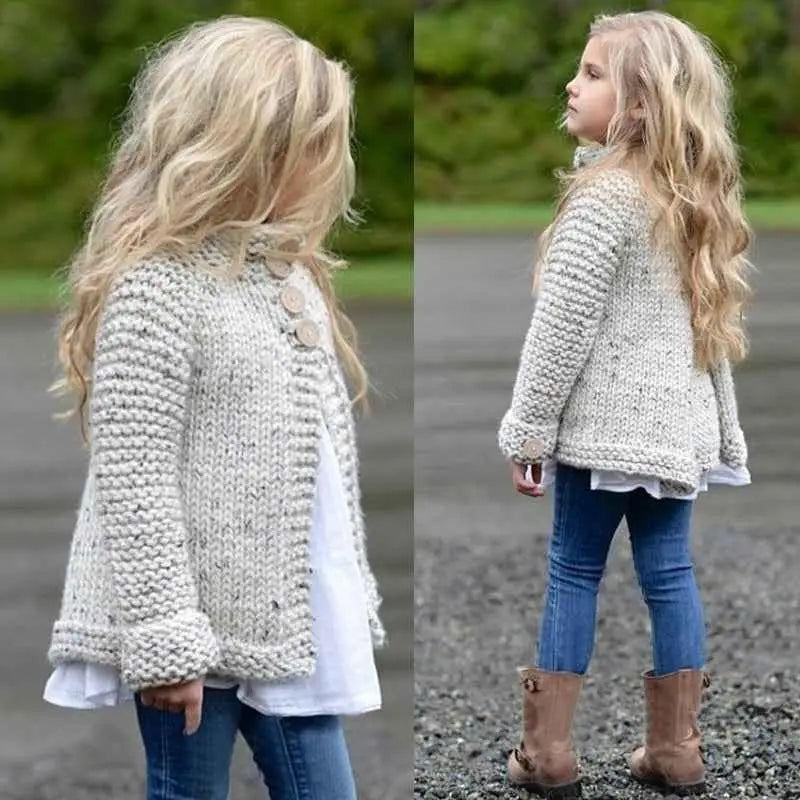 Girls rabbit hair blend knit cardigan in light gray with textured pattern and wooden buttons