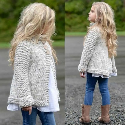 Girls rabbit hair blend knit cardigan in light gray with textured pattern and wooden buttons