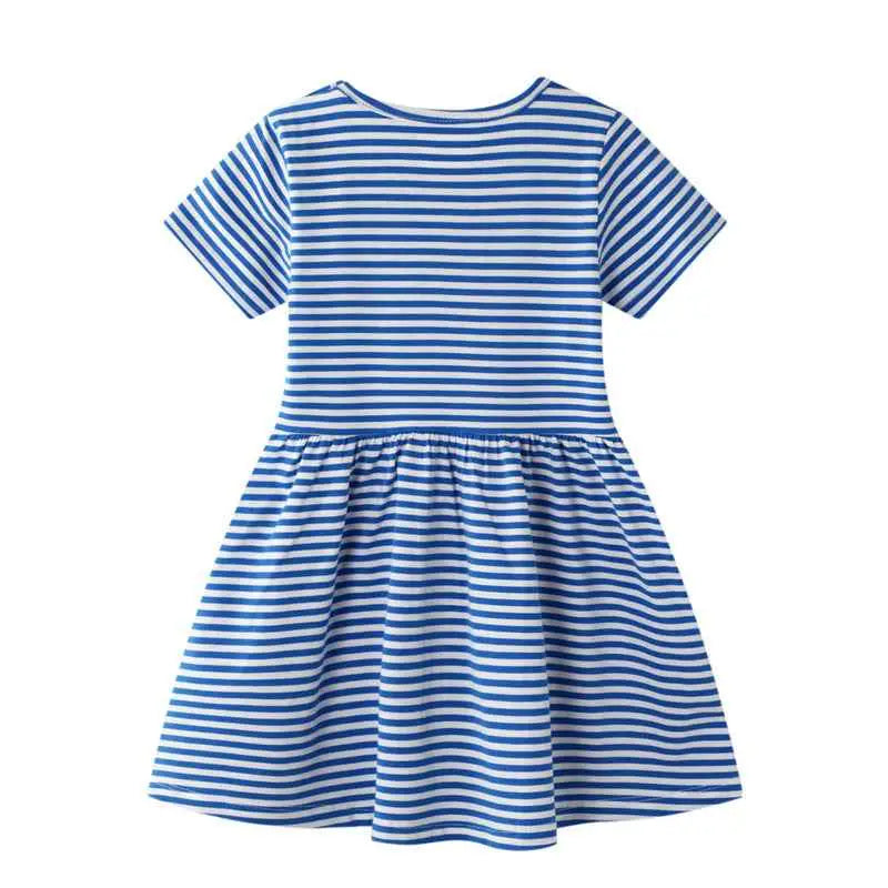 Girls rainbow stripe cotton dress in blue and white with short sleeves and gathered waist from trend den