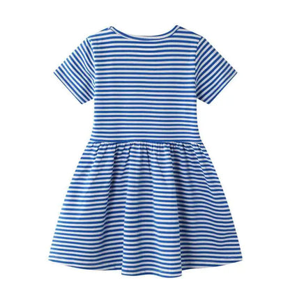 Girls rainbow stripe cotton dress in blue and white with short sleeves and gathered waist from trend den