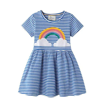 Girls rainbow stripe cotton dress in blue and white with colorful rainbow and cloud appliqué from Trend Den