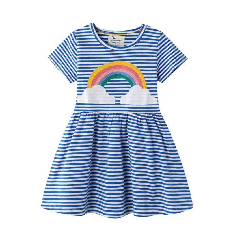 Blue and white striped girls cotton dress with rainbow stripe appliqué from trend den perfect for casual wear Style6909